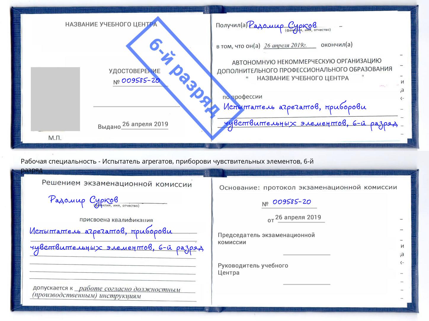 корочка 6-й разряд Испытатель агрегатов, приборови чувствительных элементов Видное