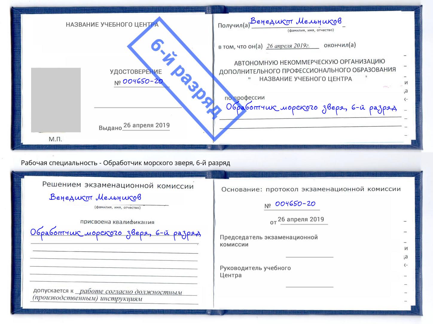 корочка 6-й разряд Обработчик морского зверя Видное