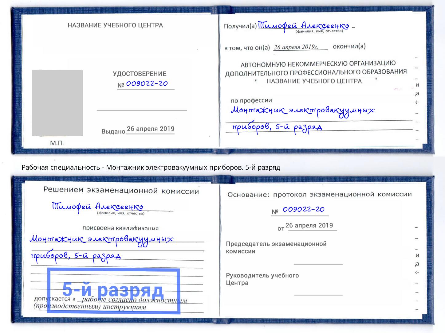 корочка 5-й разряд Монтажник электровакуумных приборов Видное