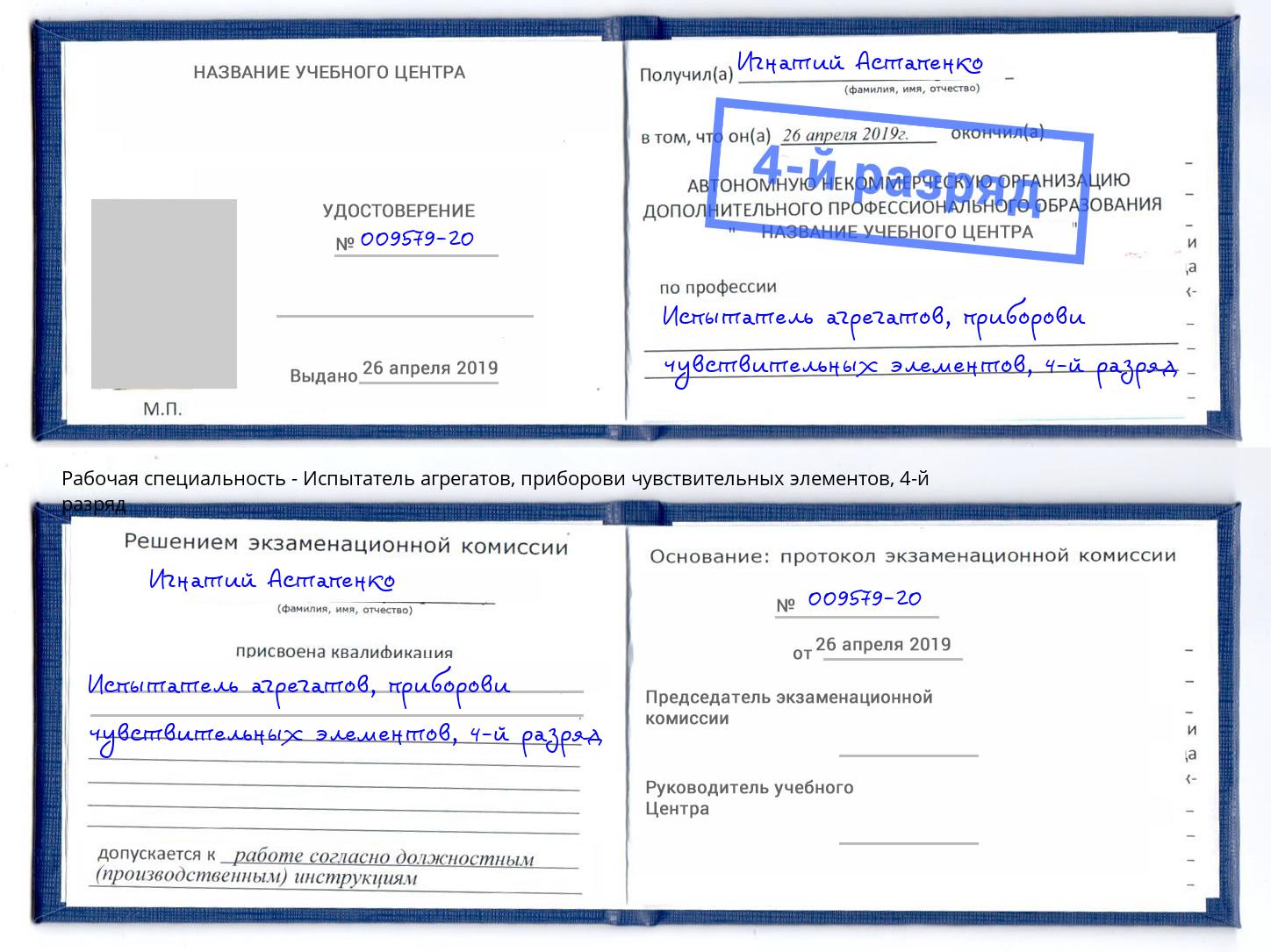 корочка 4-й разряд Испытатель агрегатов, приборови чувствительных элементов Видное