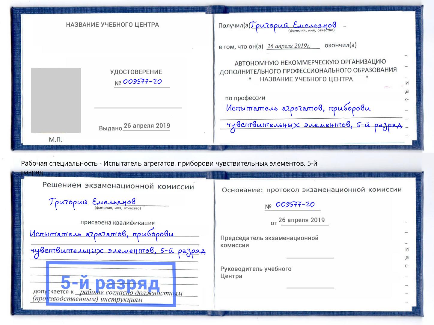 корочка 5-й разряд Испытатель агрегатов, приборови чувствительных элементов Видное