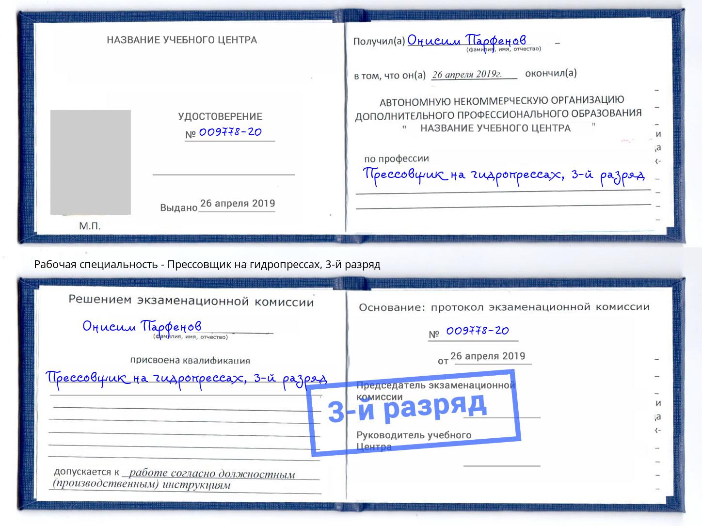корочка 3-й разряд Прессовщик на гидропрессах Видное