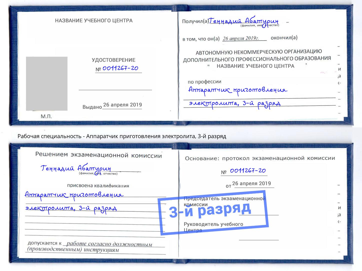 корочка 3-й разряд Аппаратчик приготовления электролита Видное