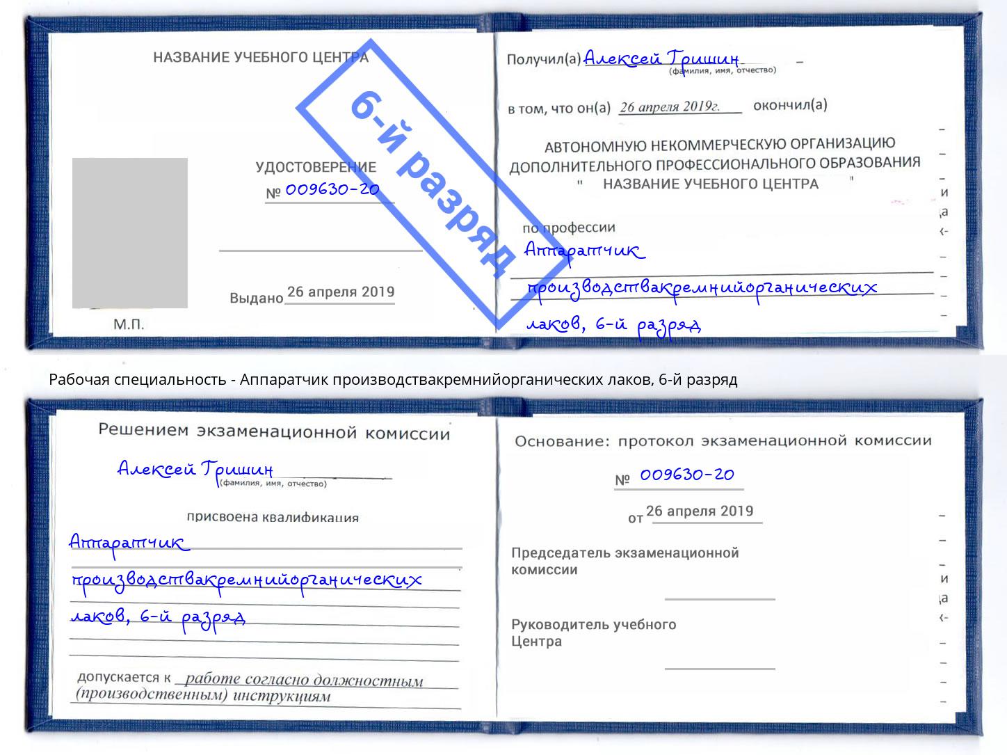 корочка 6-й разряд Аппаратчик производствакремнийорганических лаков Видное