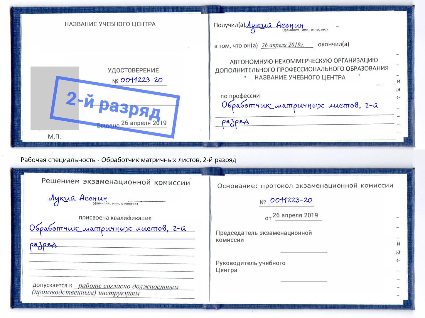 корочка 2-й разряд Обработчик матричных листов Видное