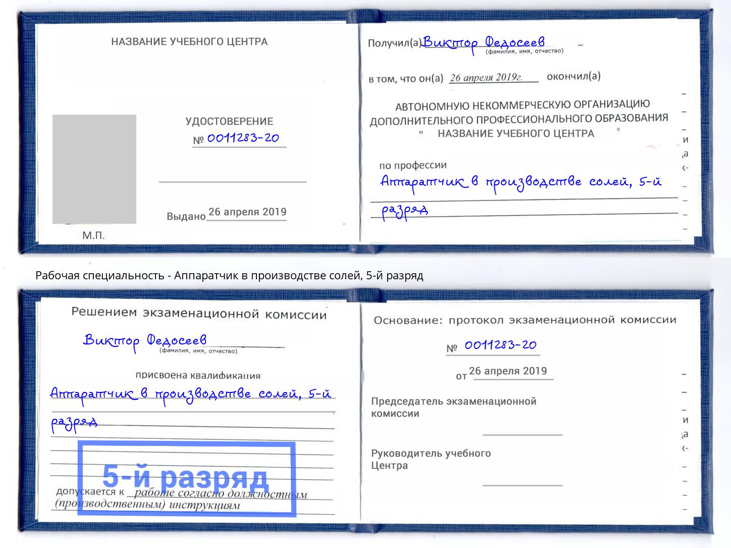 корочка 5-й разряд Аппаратчик в производстве солей Видное