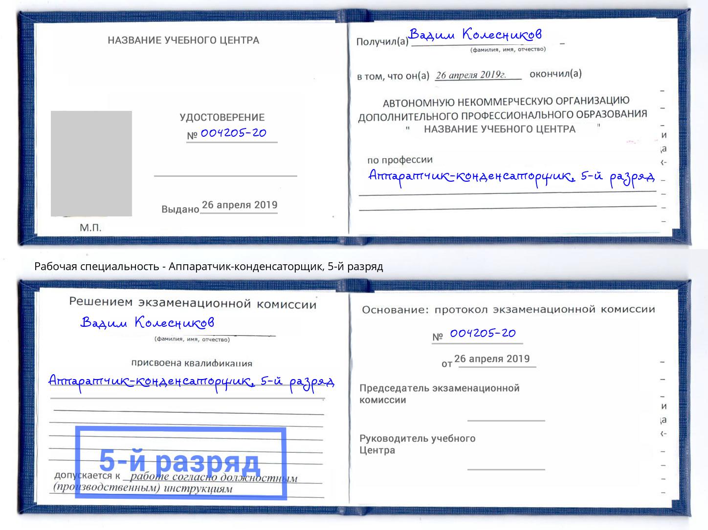 корочка 5-й разряд Аппаратчик-конденсаторщик Видное